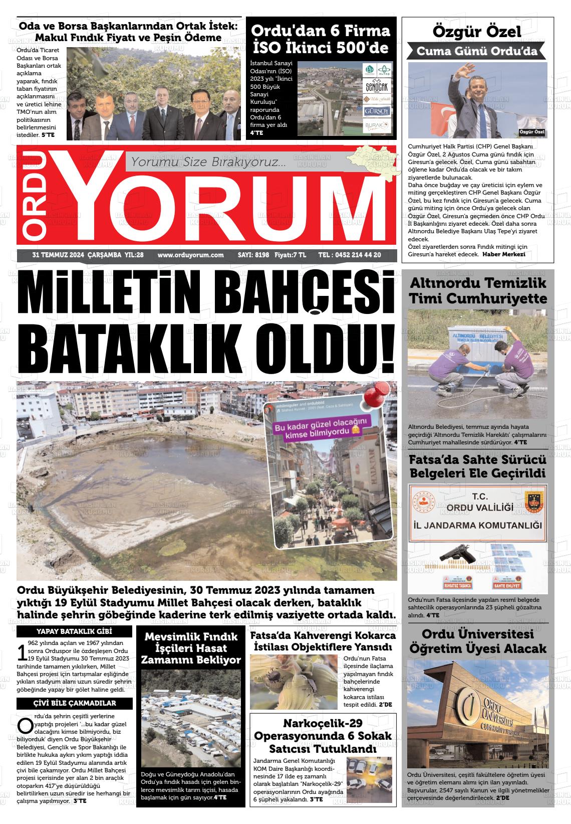 31 Temmuz 2024 Ordu Yorum Gazete Manşeti