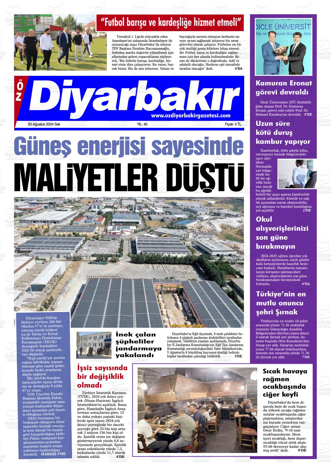 20 Ağustos 2024 Öz Diyarbakir Gazete Gazete Manşeti