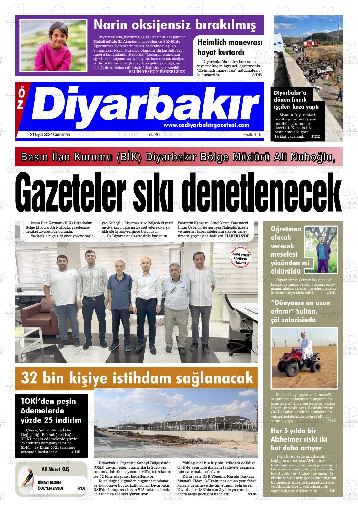 21 Eylül 2024 Öz Diyarbakir Gazete Gazete Manşeti