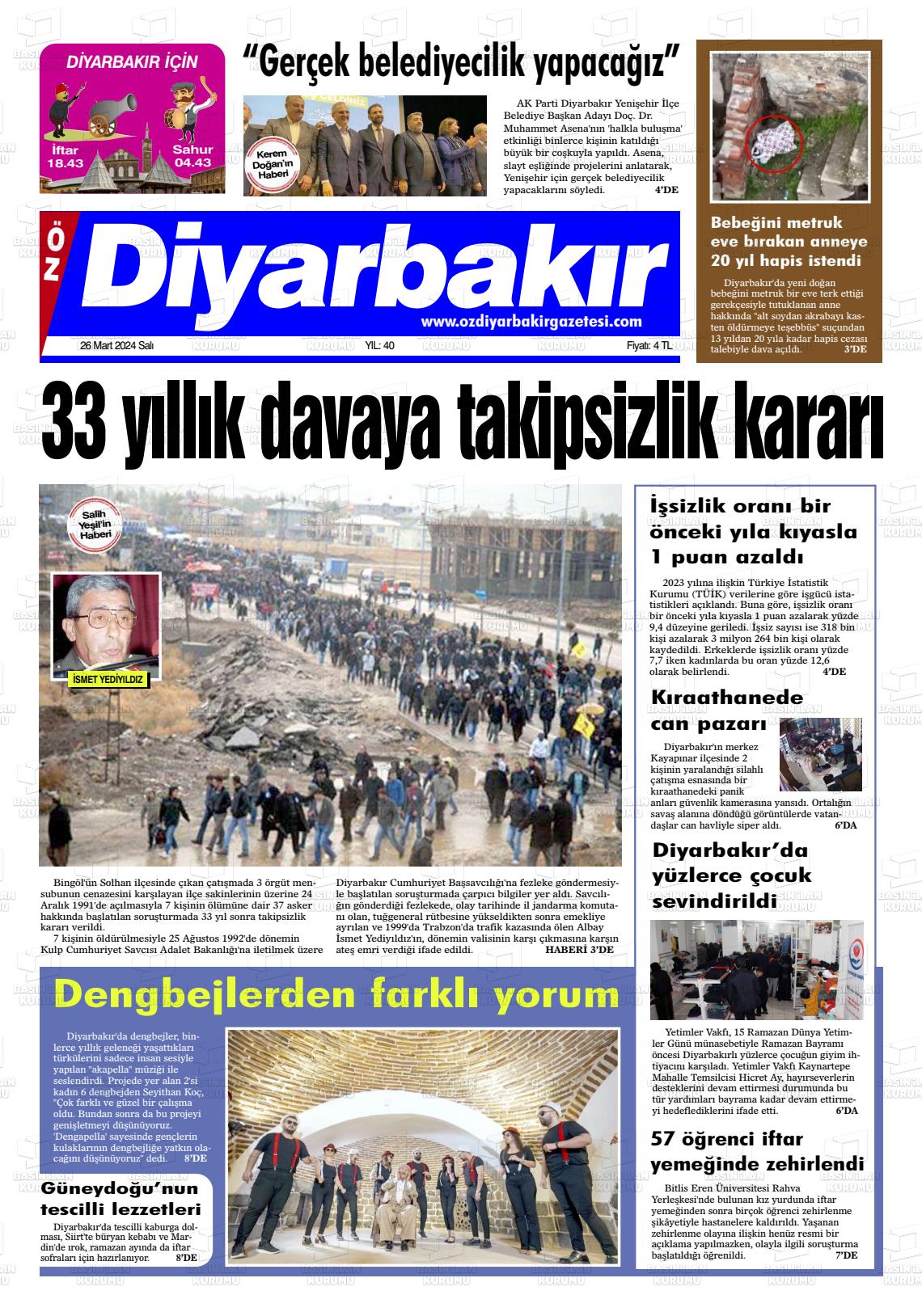 26 Mart 2024 Öz Diyarbakir Gazete Gazete Manşeti