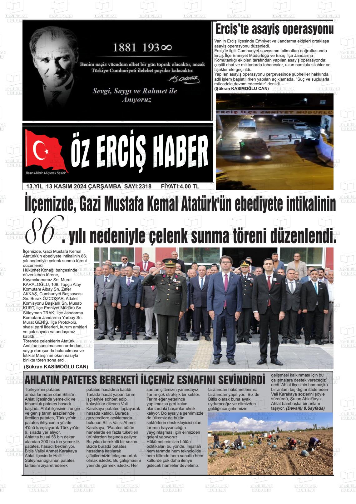 13 Kasım 2024 Öz Erciş Haber Gazete Manşeti