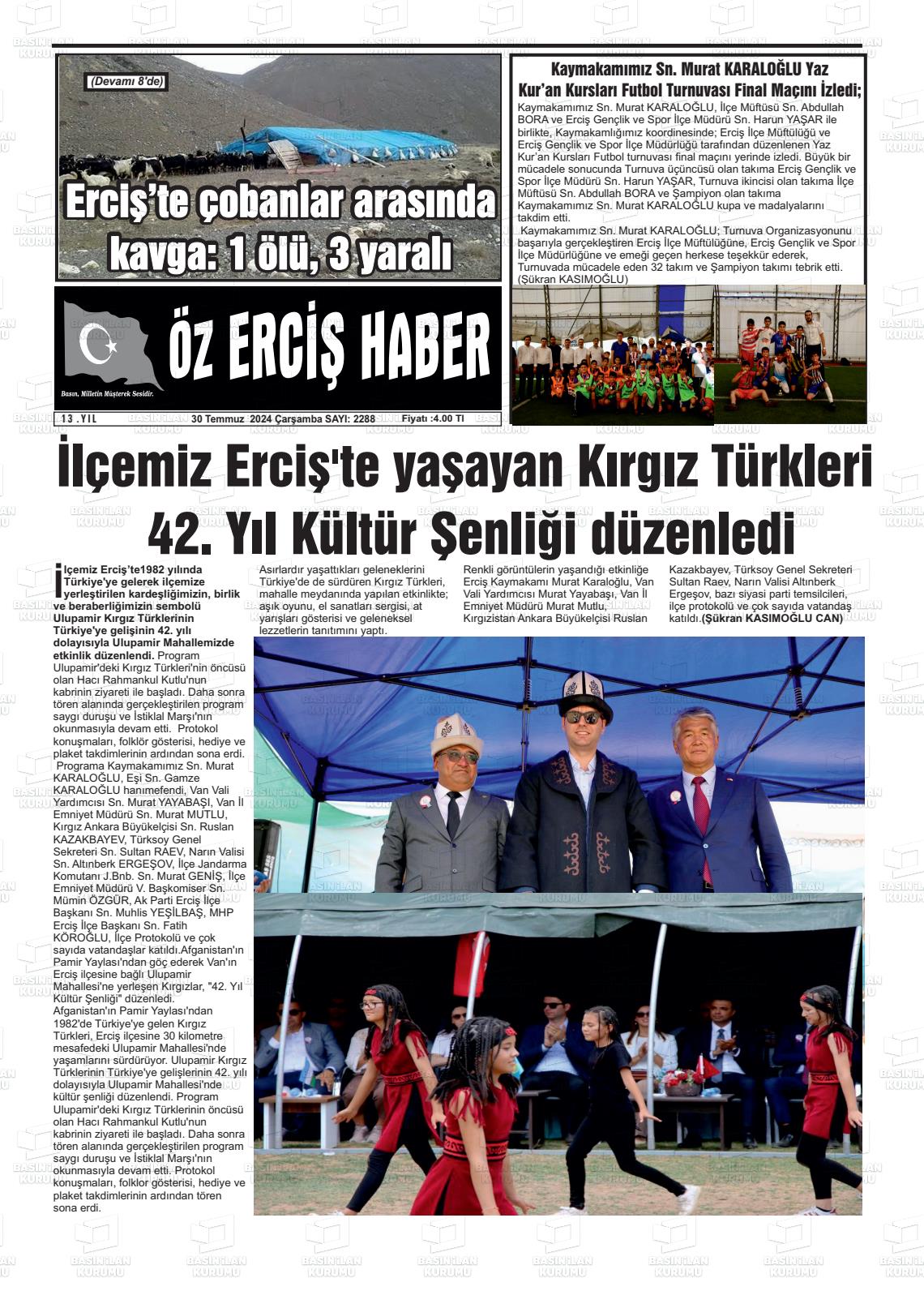 31 Temmuz 2024 Öz Erciş Haber Gazete Manşeti