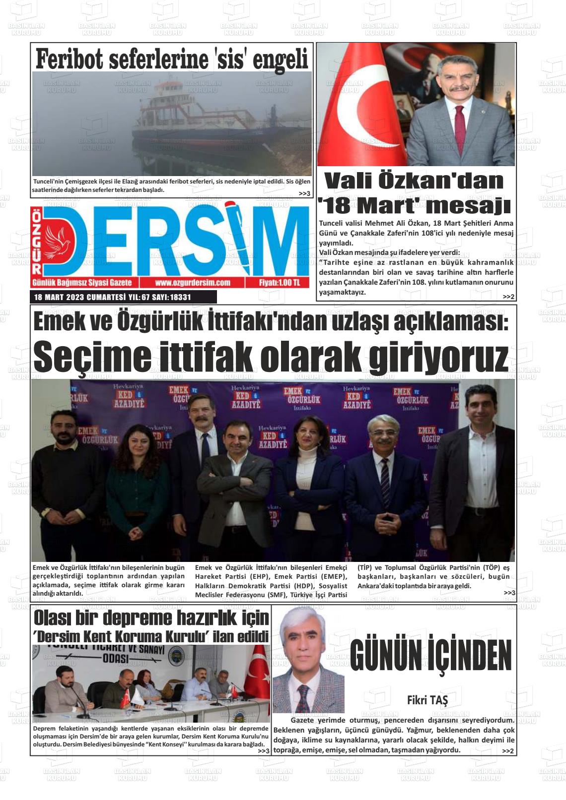 18 Mart 2023 Özgür Dersim Gazete Manşeti