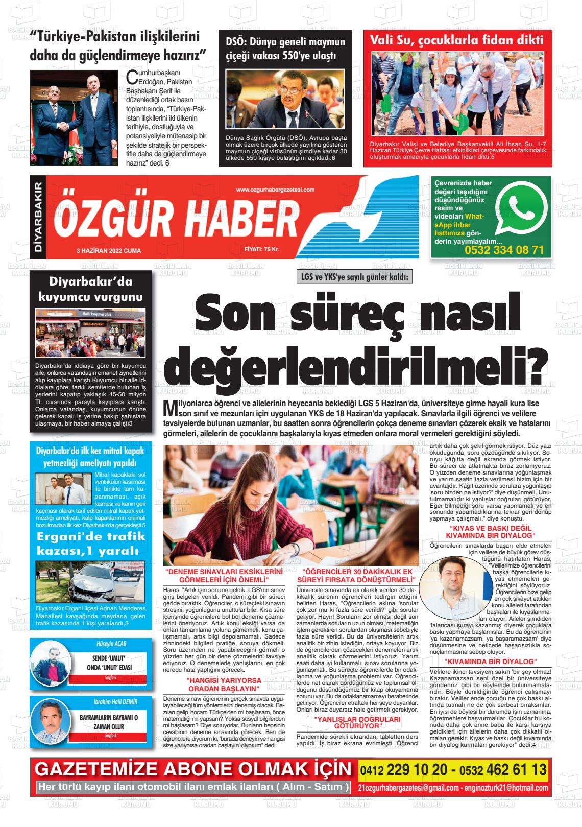 03 Haziran 2022 Özgür Haber Gazete Manşeti