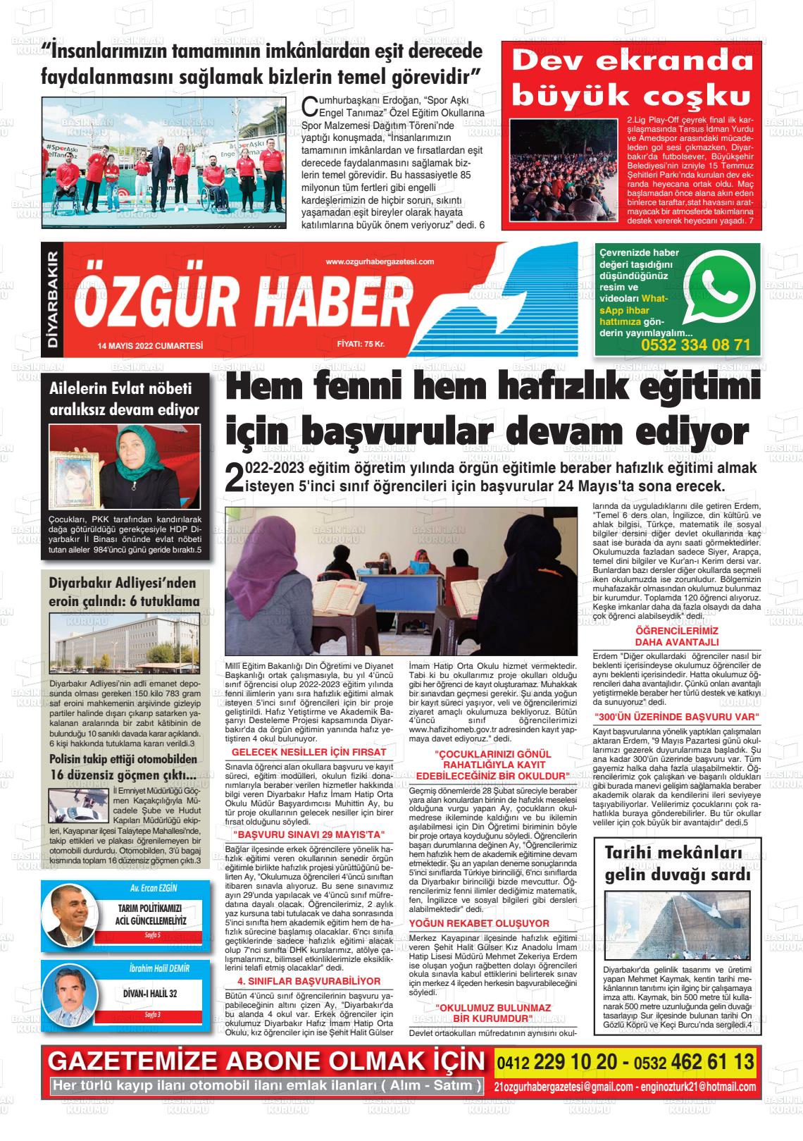 14 Mayıs 2022 Özgür Haber Gazete Manşeti