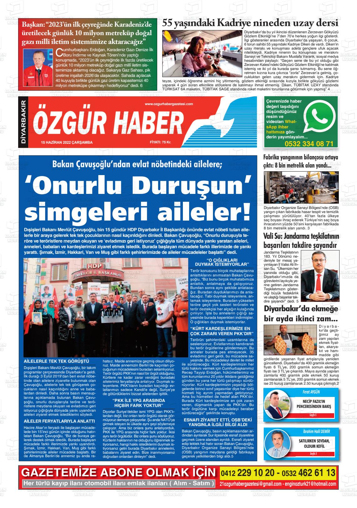 15 Haziran 2022 Özgür Haber Gazete Manşeti