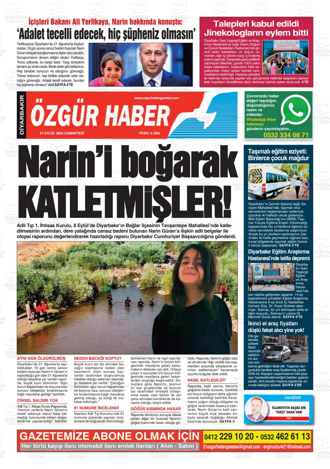 21 Eylül 2024 Özgür Haber Gazete Manşeti