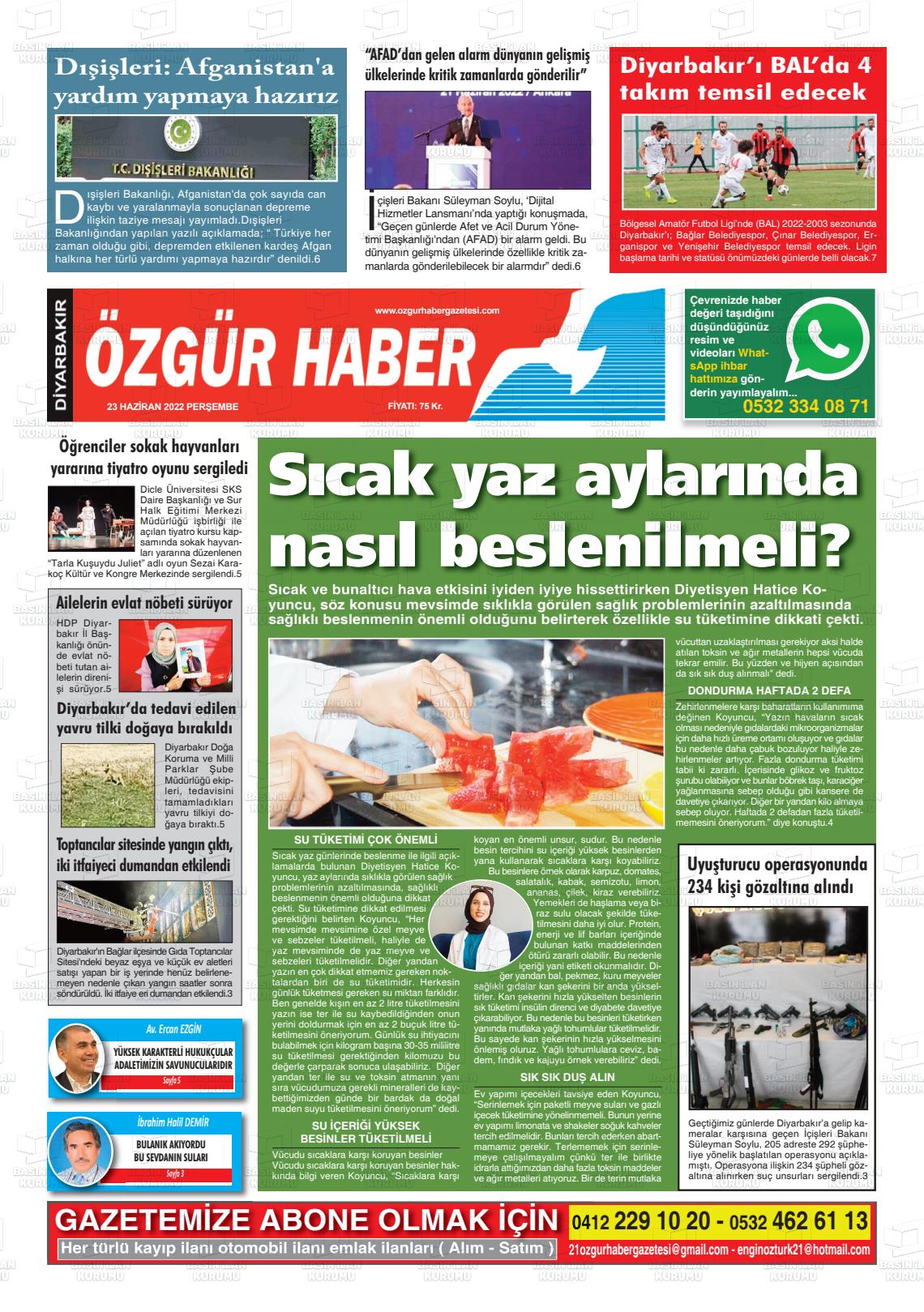 23 Haziran 2022 Özgür Haber Gazete Manşeti