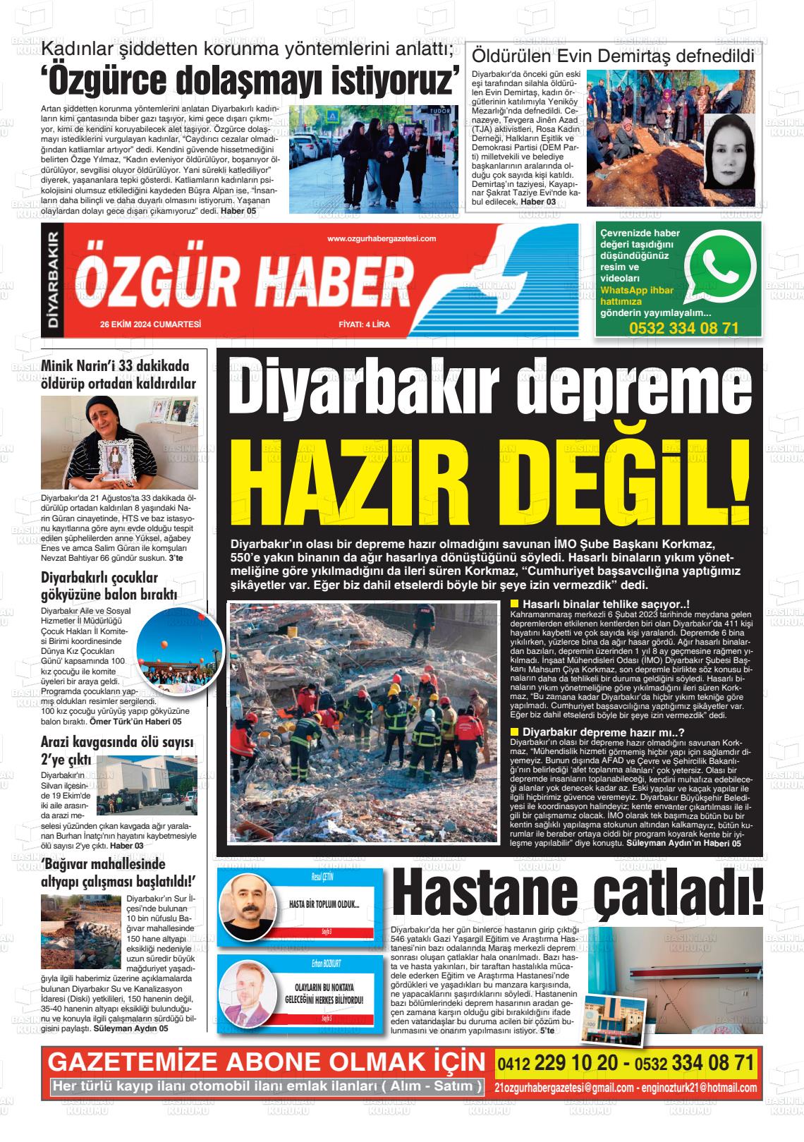 26 Ekim 2024 Özgür Haber Gazete Manşeti