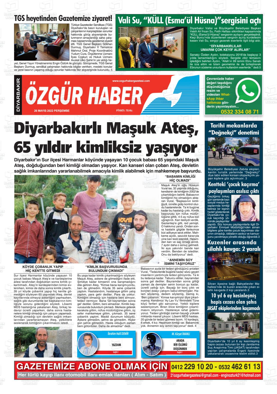 26 Mayıs 2022 Özgür Haber Gazete Manşeti