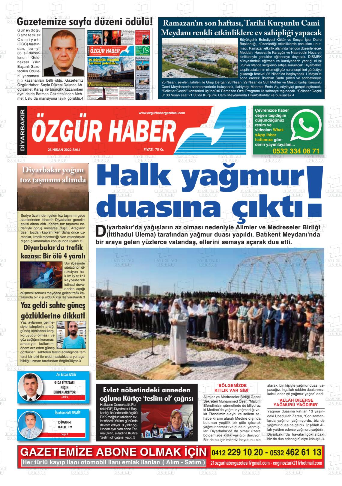 26 Nisan 2022 Özgür Haber Gazete Manşeti