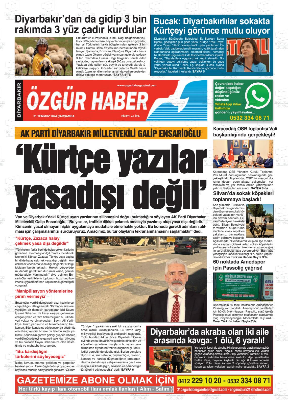 31 Temmuz 2024 Özgür Haber Gazete Manşeti