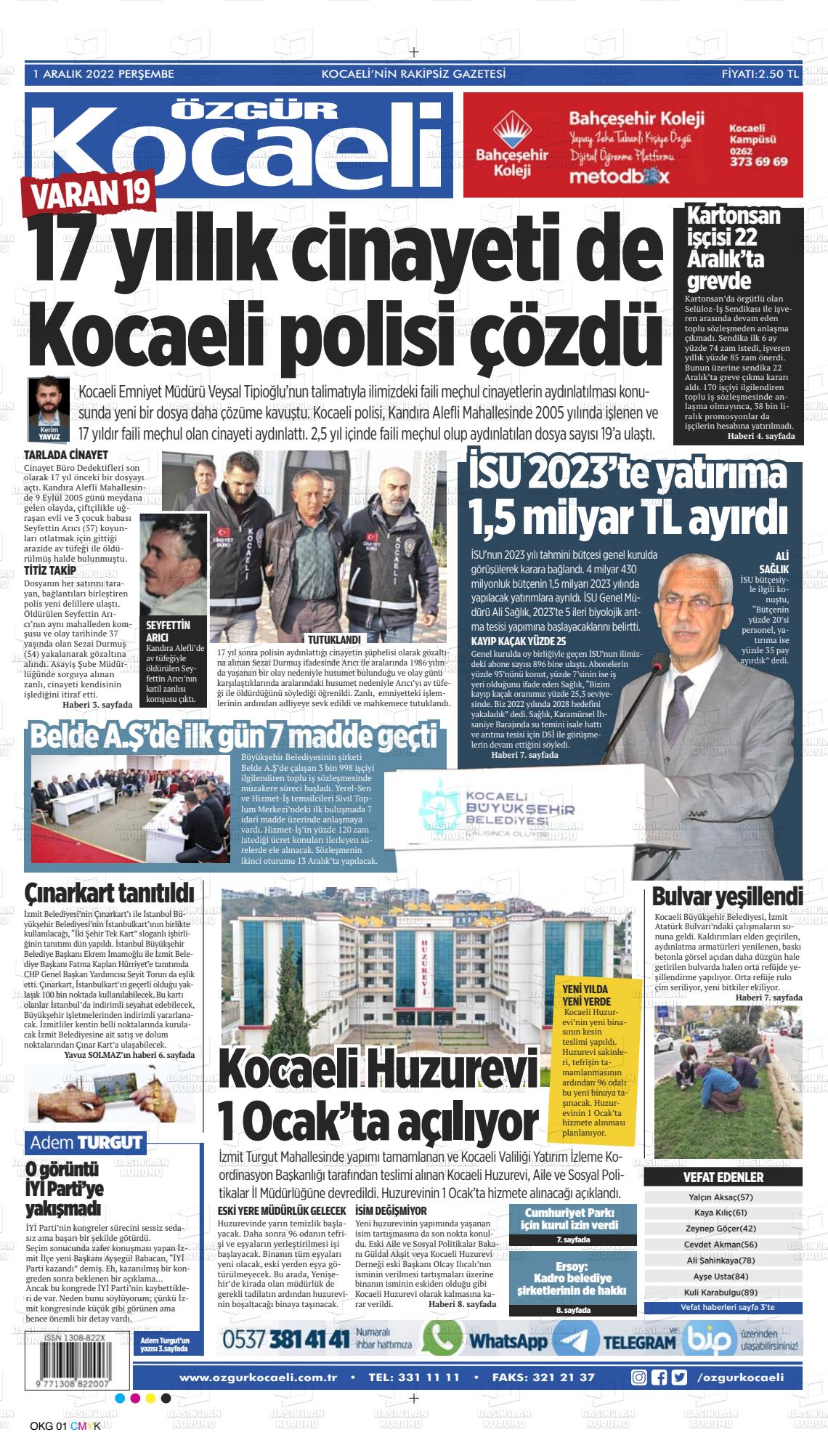 29 Ocak 2023 Özgür Kocaeli Gazete Manşeti