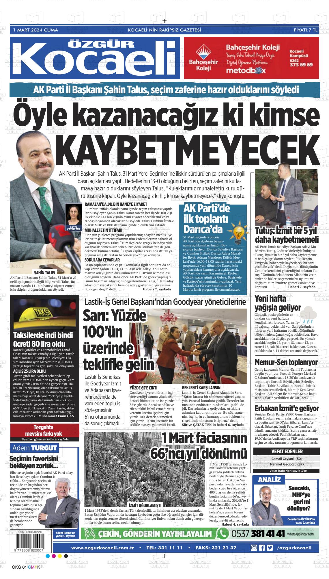 01 Mart 2024 Özgür Kocaeli Gazete Manşeti