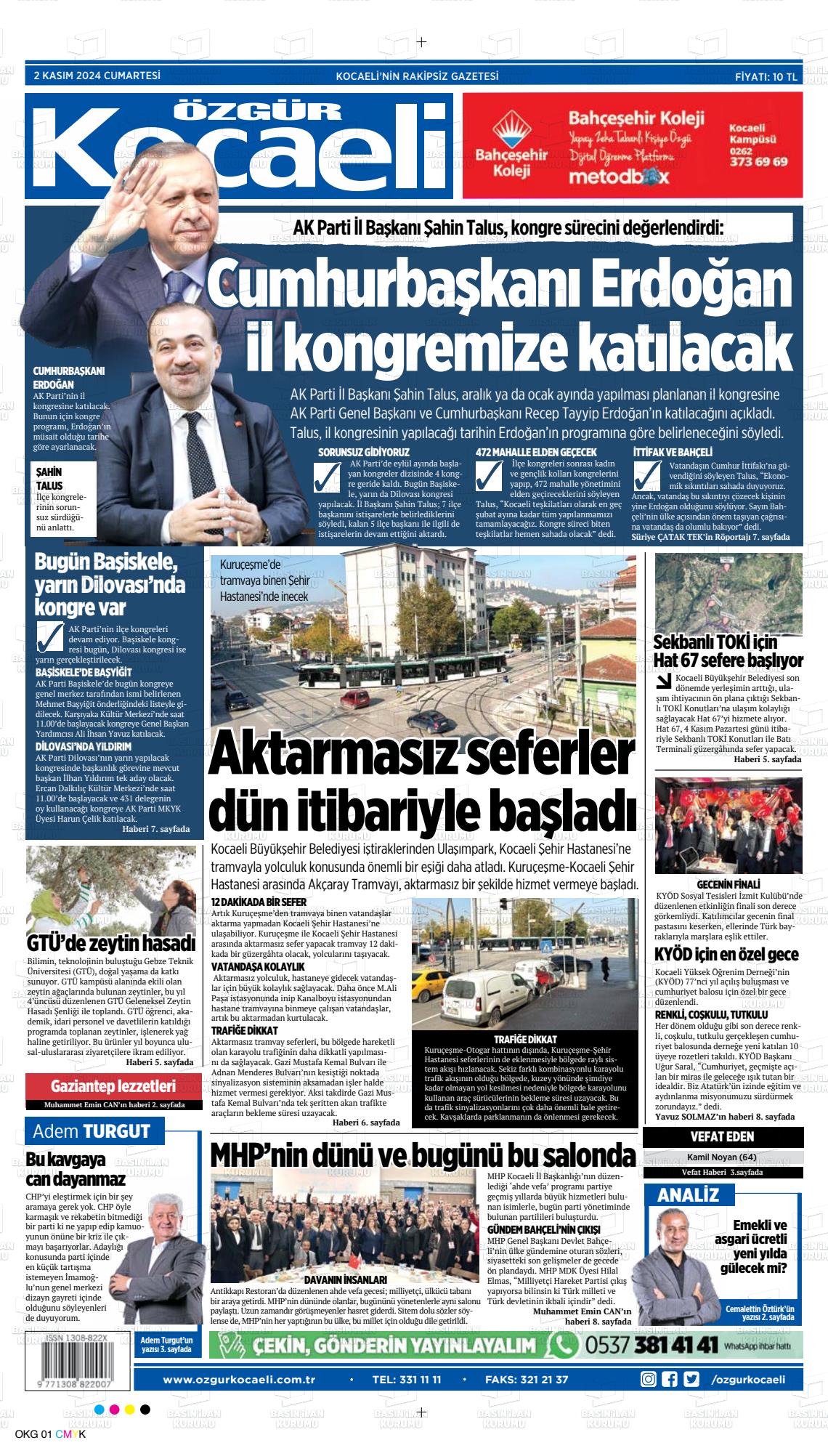 02 Kasım 2024 Özgür Kocaeli Gazete Manşeti