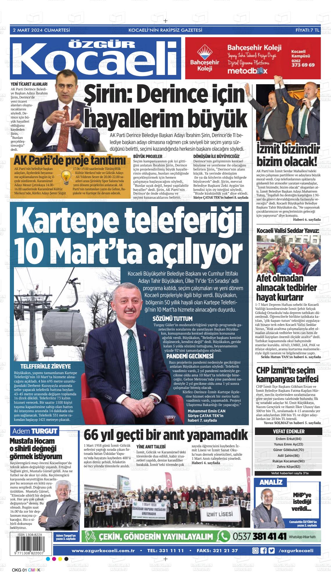 02 Mart 2024 Özgür Kocaeli Gazete Manşeti