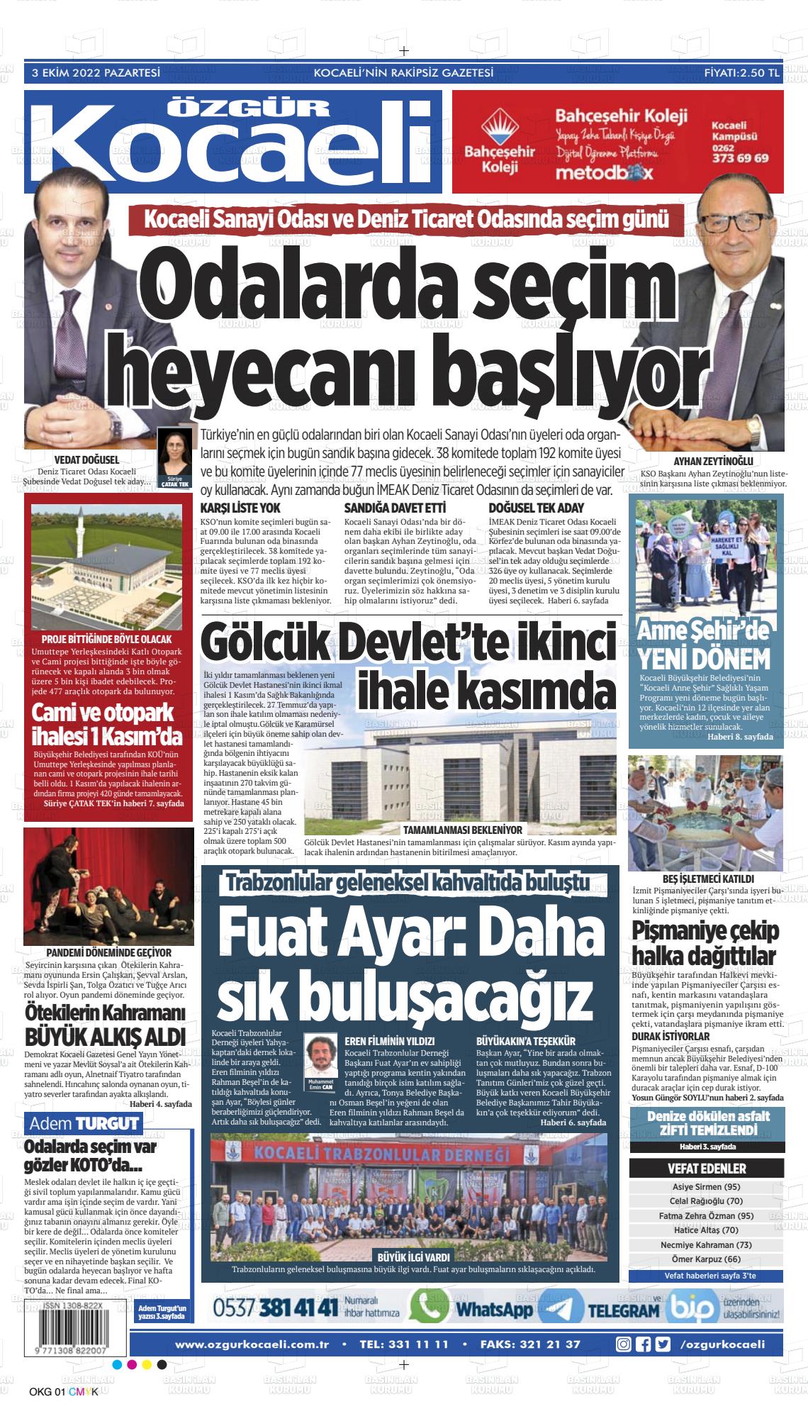 03 Ekim 2022 Özgür Kocaeli Gazete Manşeti