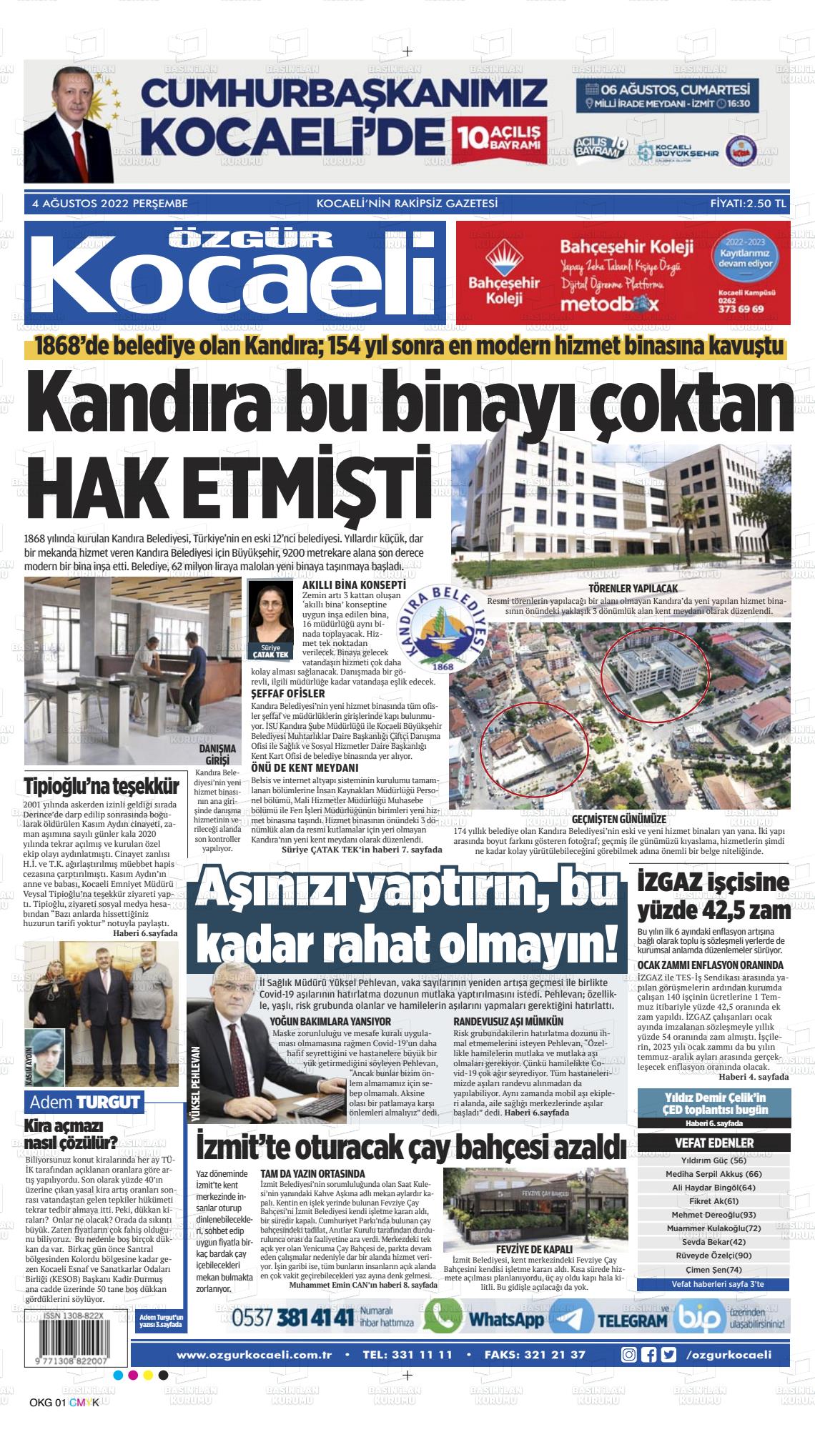 04 Ağustos 2022 Özgür Kocaeli Gazete Manşeti