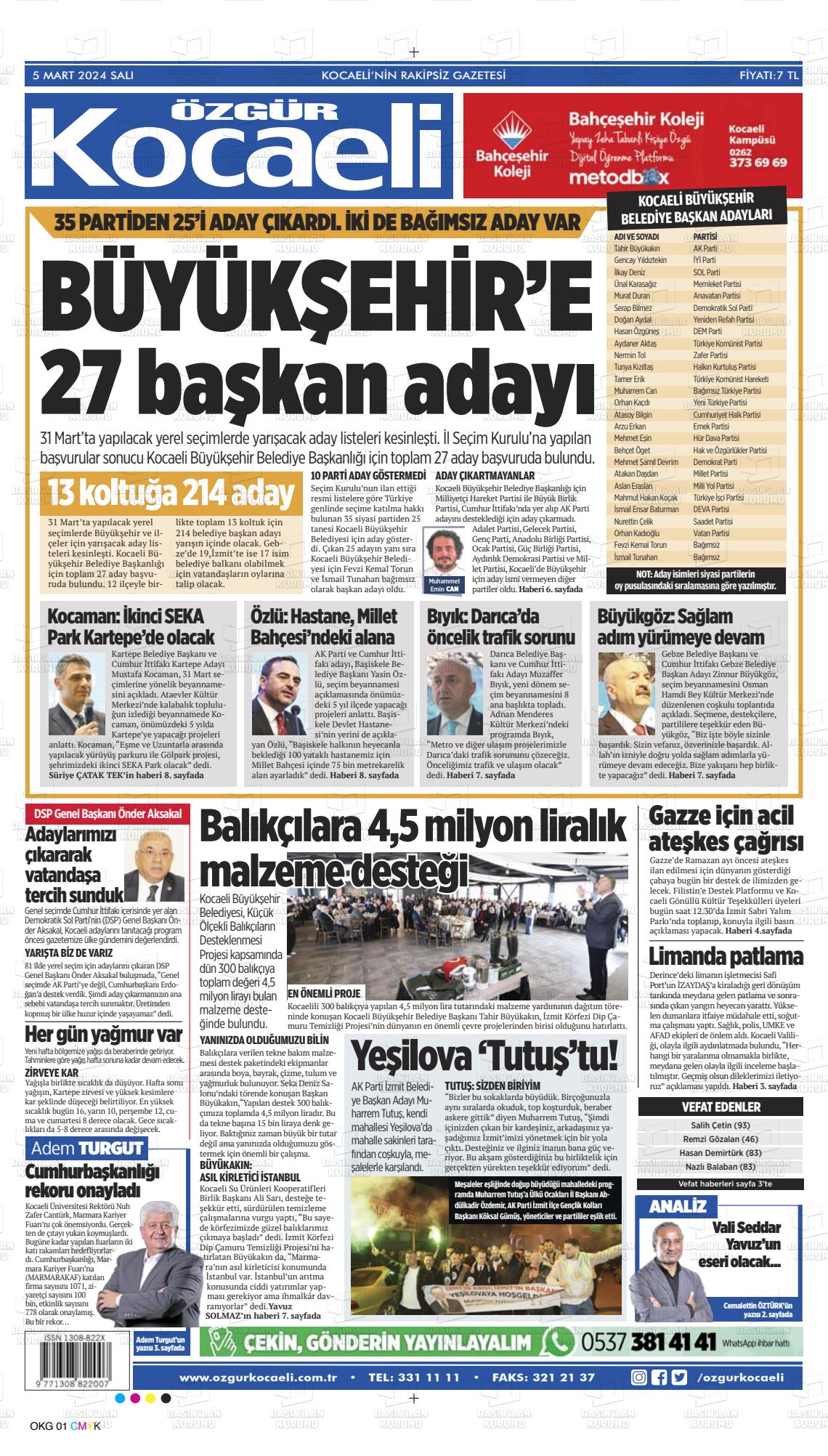 07 Mart 2024 Özgür Kocaeli Gazete Manşeti