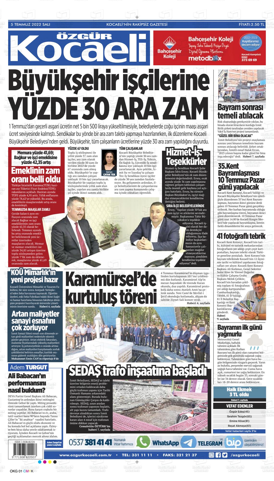 05 Temmuz 2022 Özgür Kocaeli Gazete Manşeti