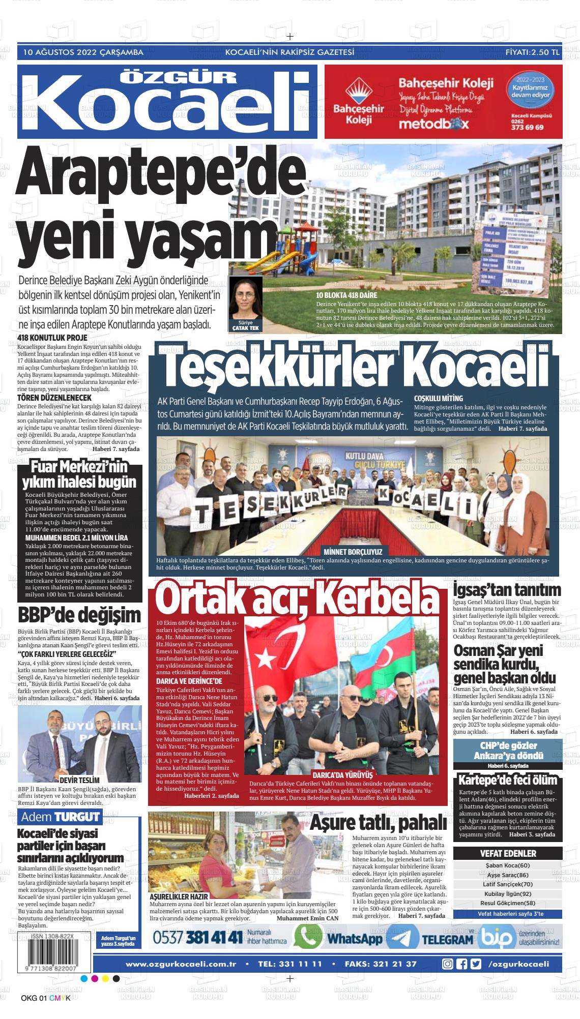 10 Ağustos 2022 Özgür Kocaeli Gazete Manşeti