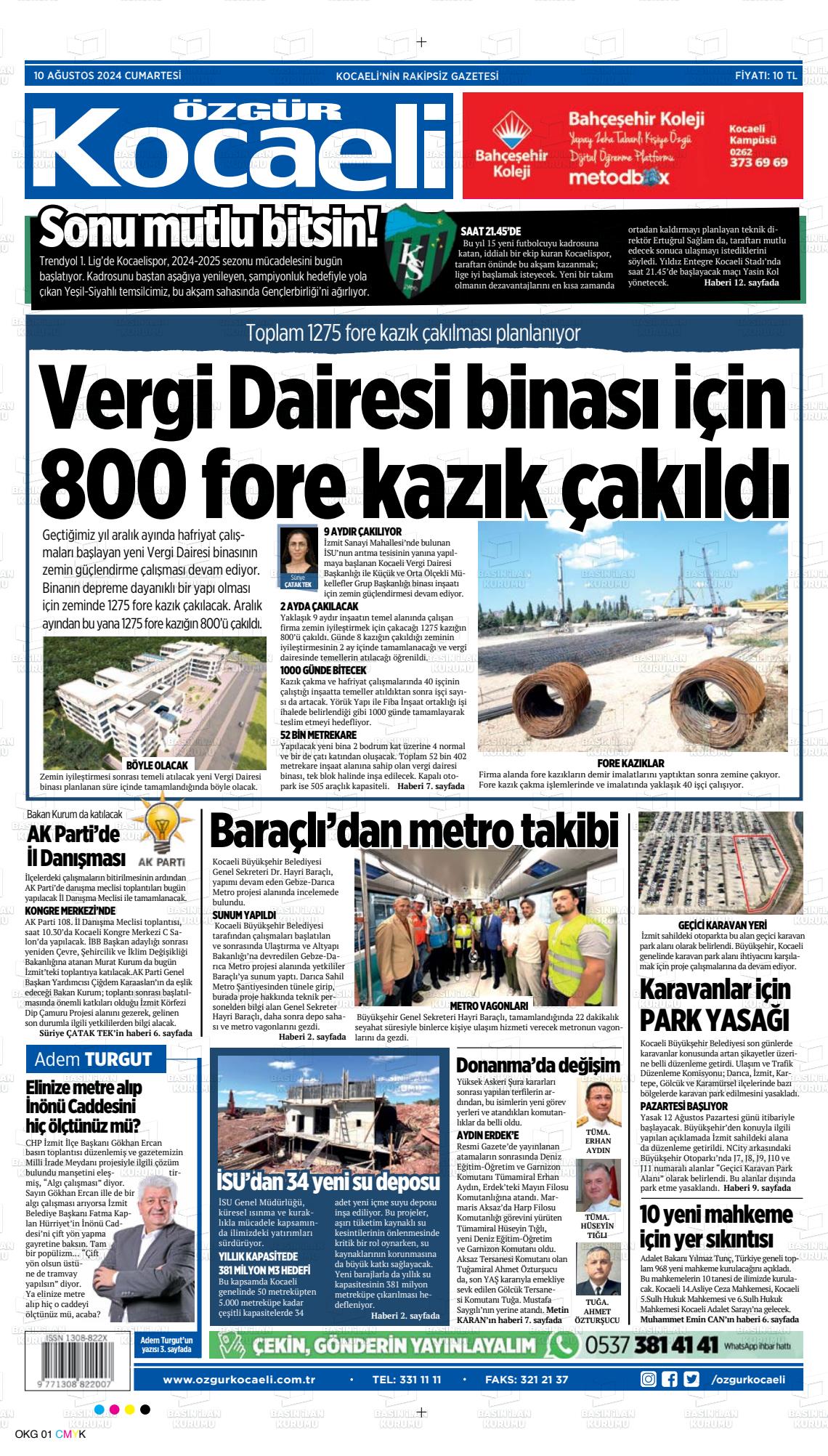 10 Ağustos 2024 Özgür Kocaeli Gazete Manşeti