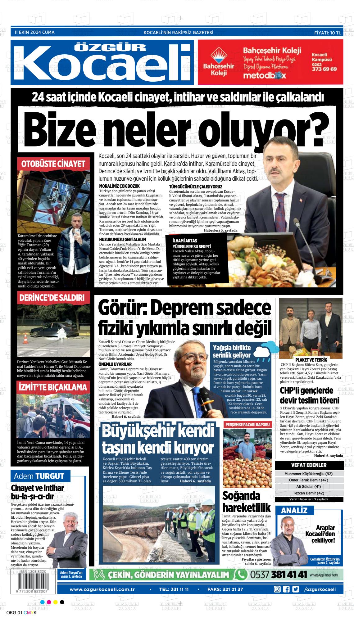 11 Ekim 2024 Özgür Kocaeli Gazete Manşeti