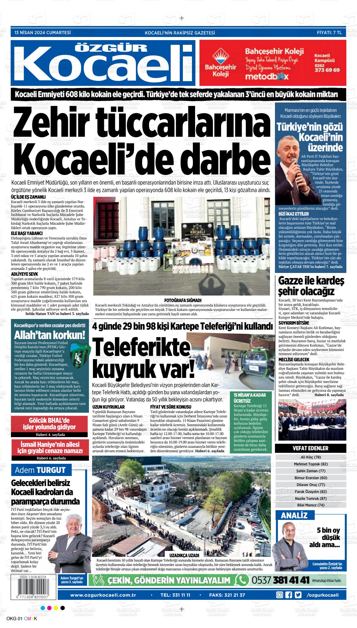 13 Nisan 2024 Özgür Kocaeli Gazete Manşeti