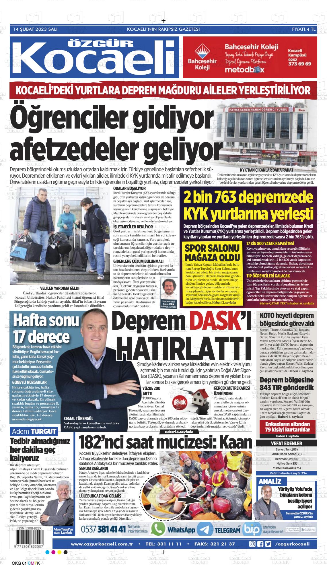 14 Nisan 2023 Özgür Kocaeli Gazete Manşeti