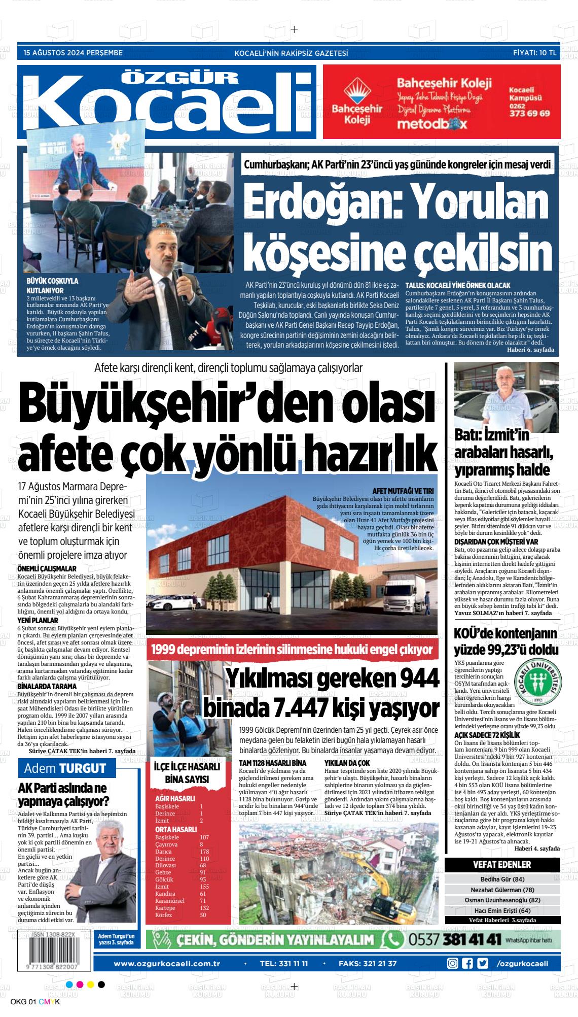 15 Ağustos 2024 Özgür Kocaeli Gazete Manşeti