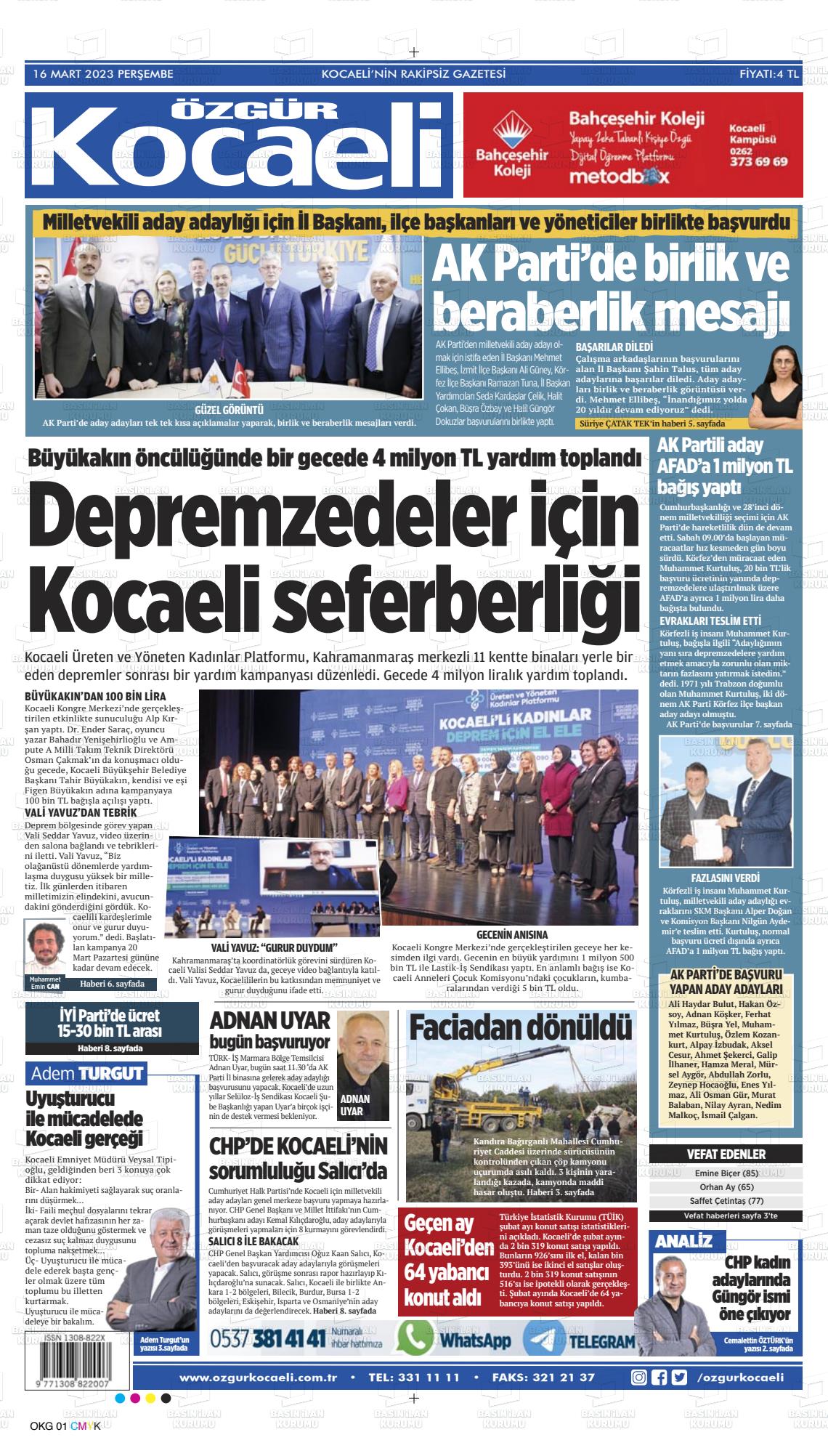 14 Mayıs 2023 Özgür Kocaeli Gazete Manşeti