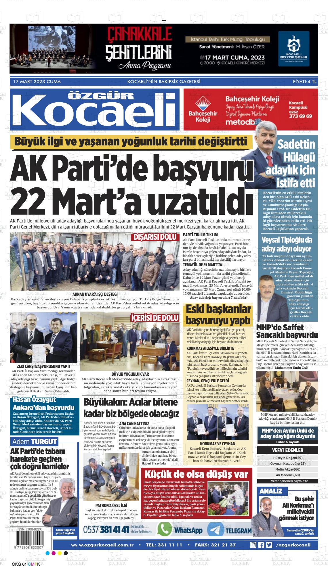 17 Mart 2023 Özgür Kocaeli Gazete Manşeti