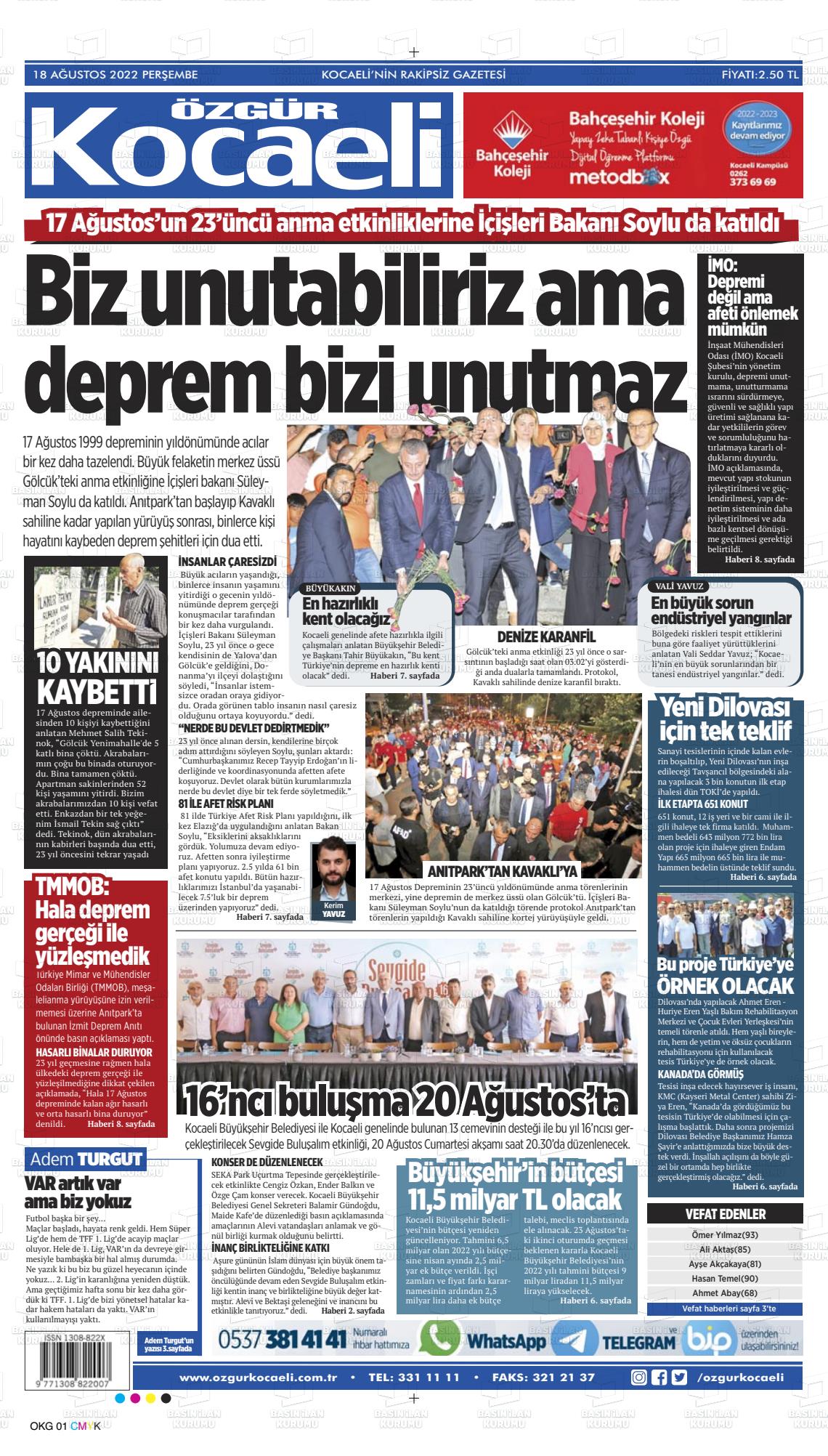 18 Ağustos 2022 Özgür Kocaeli Gazete Manşeti