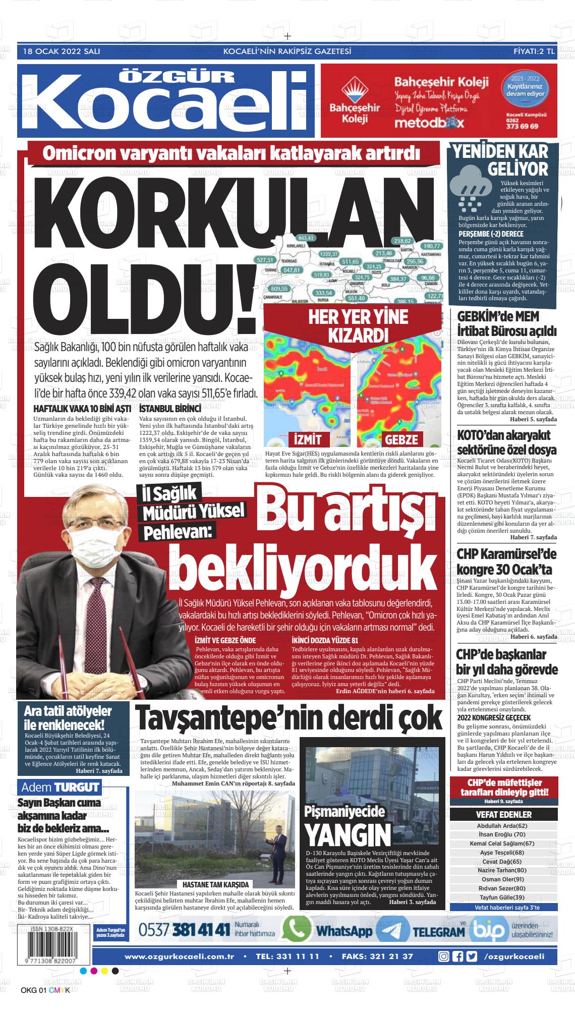 18 Ocak 2022 Özgür Kocaeli Gazete Manşeti