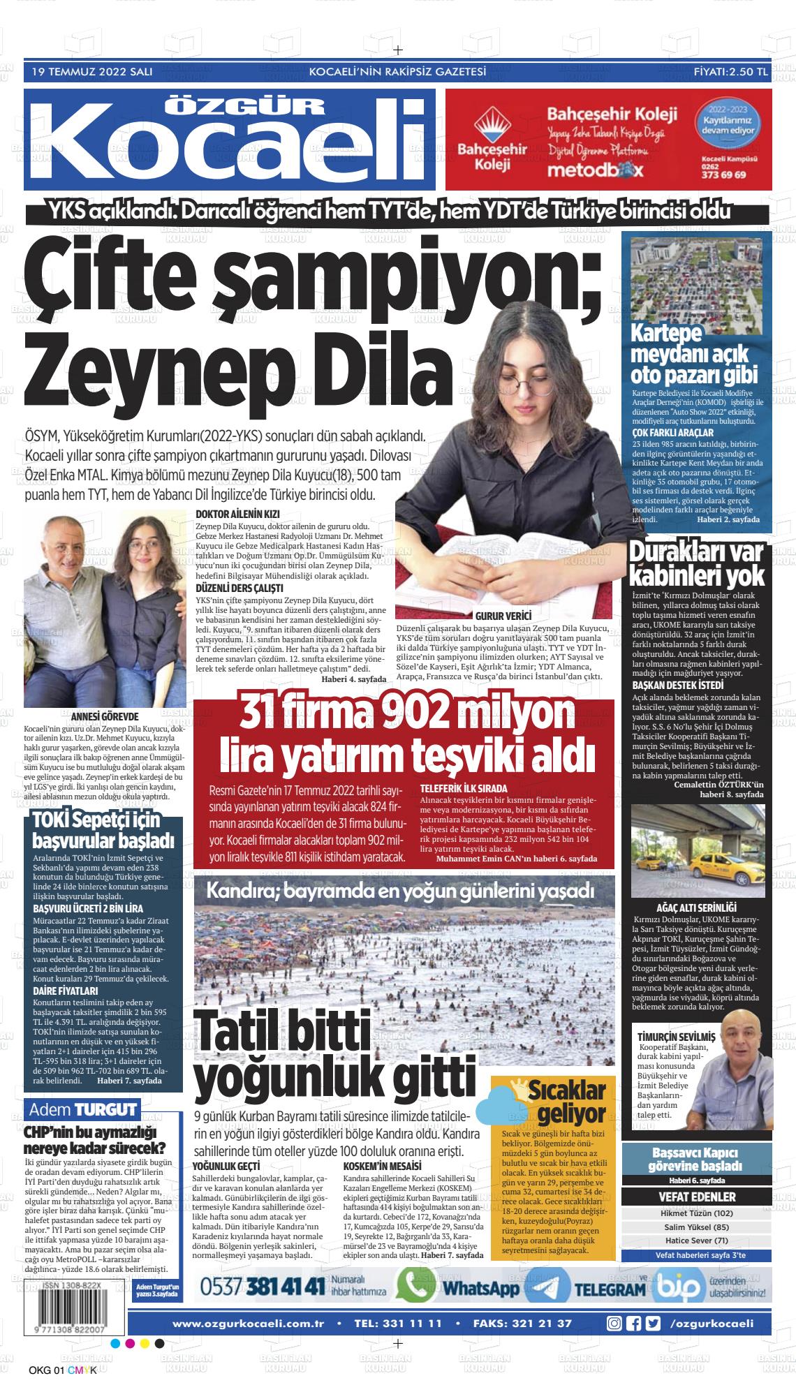 19 Temmuz 2022 Özgür Kocaeli Gazete Manşeti