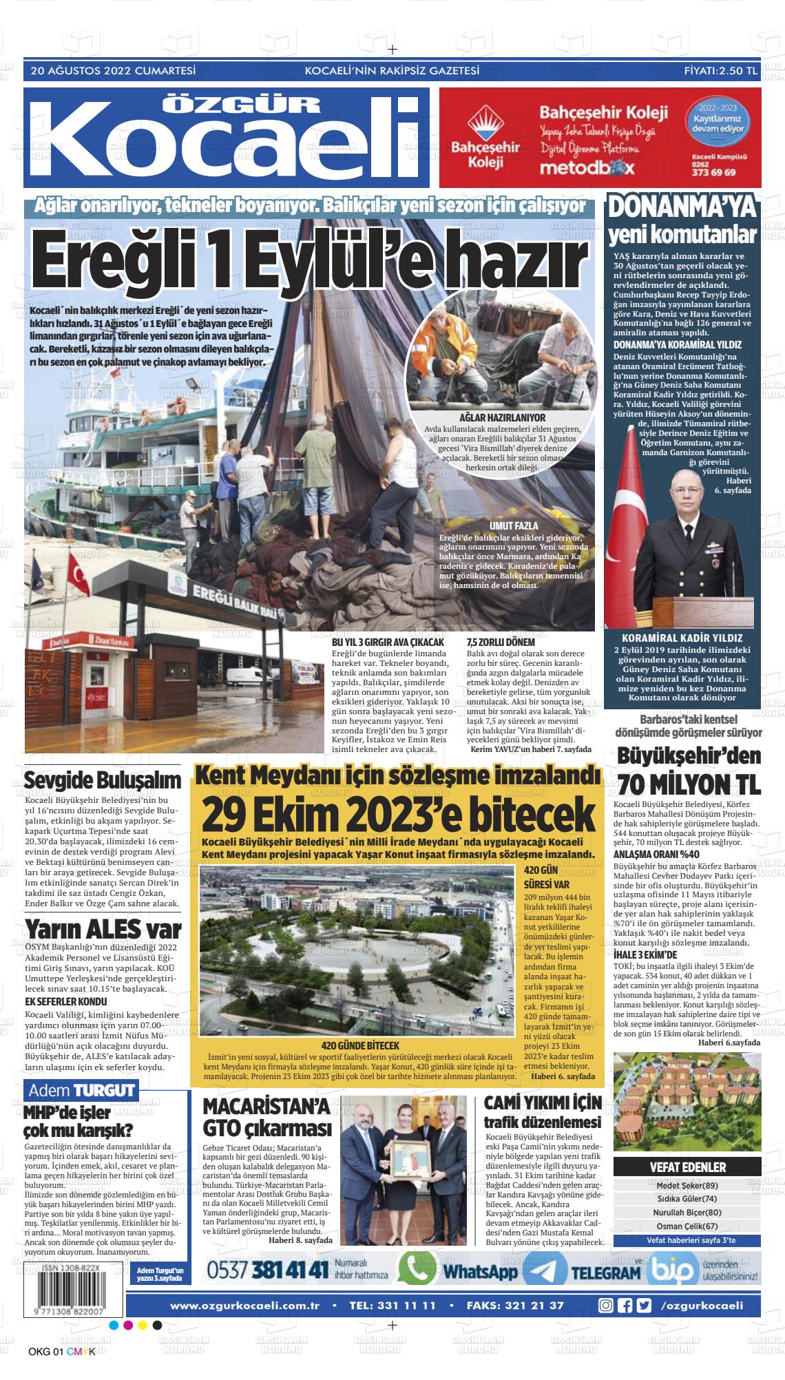 20 Ağustos 2022 Özgür Kocaeli Gazete Manşeti