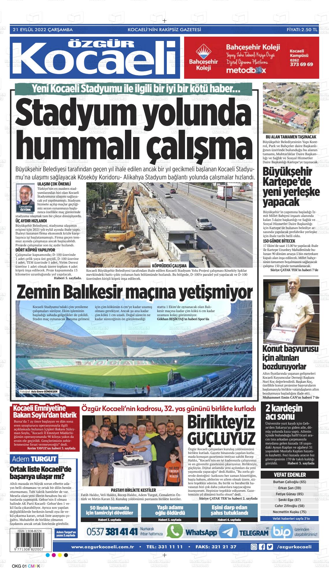 21 Eylül 2022 Özgür Kocaeli Gazete Manşeti