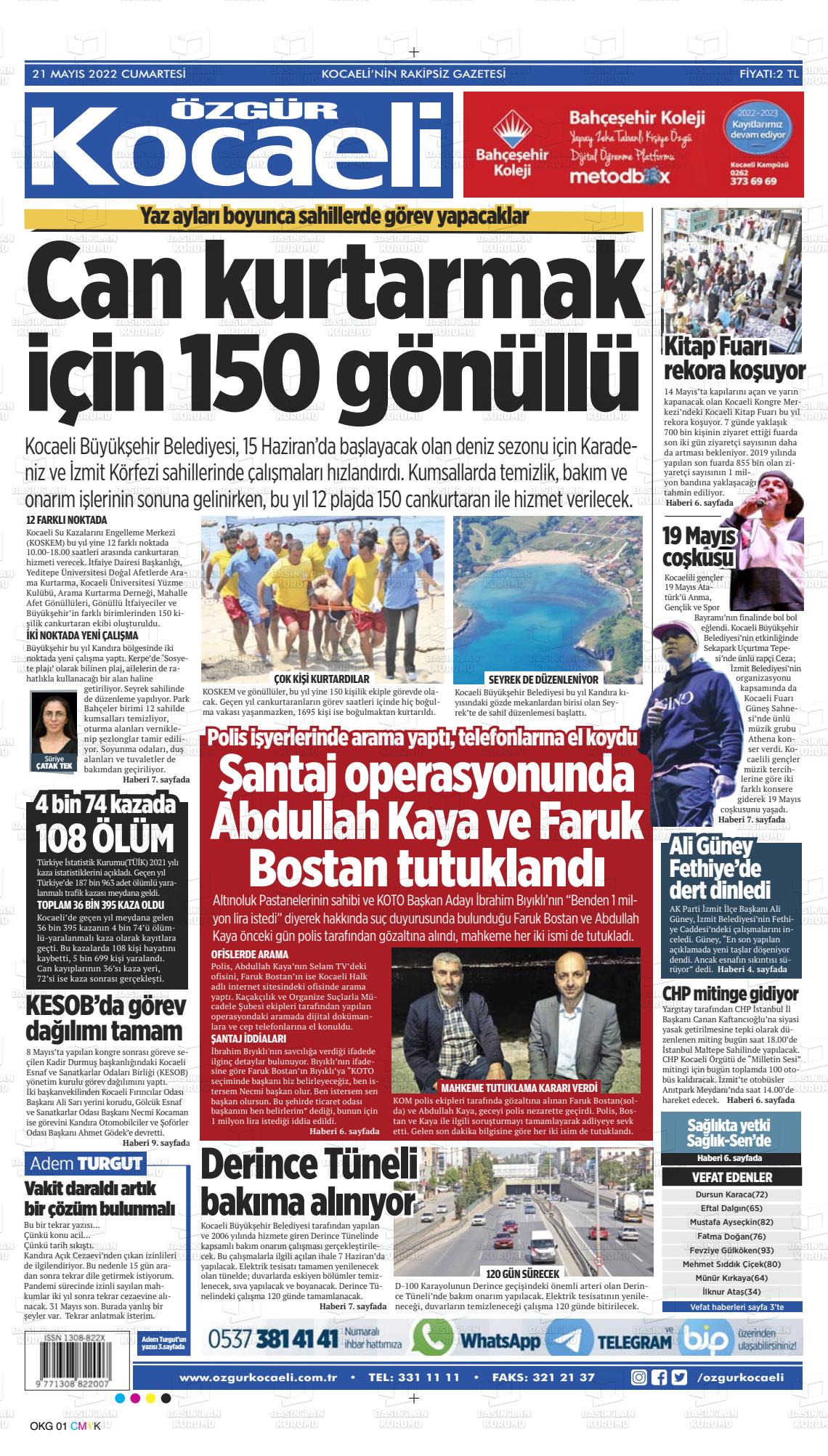 21 Mayıs 2022 Özgür Kocaeli Gazete Manşeti