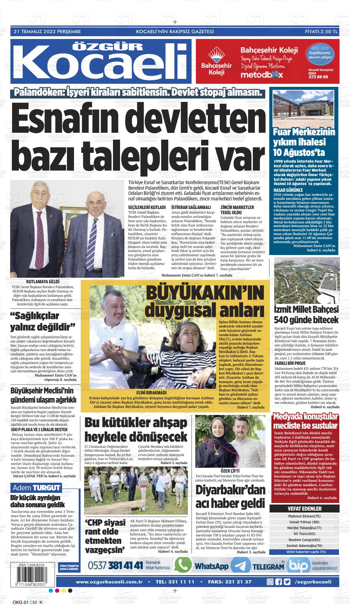 21 Temmuz 2022 Özgür Kocaeli Gazete Manşeti