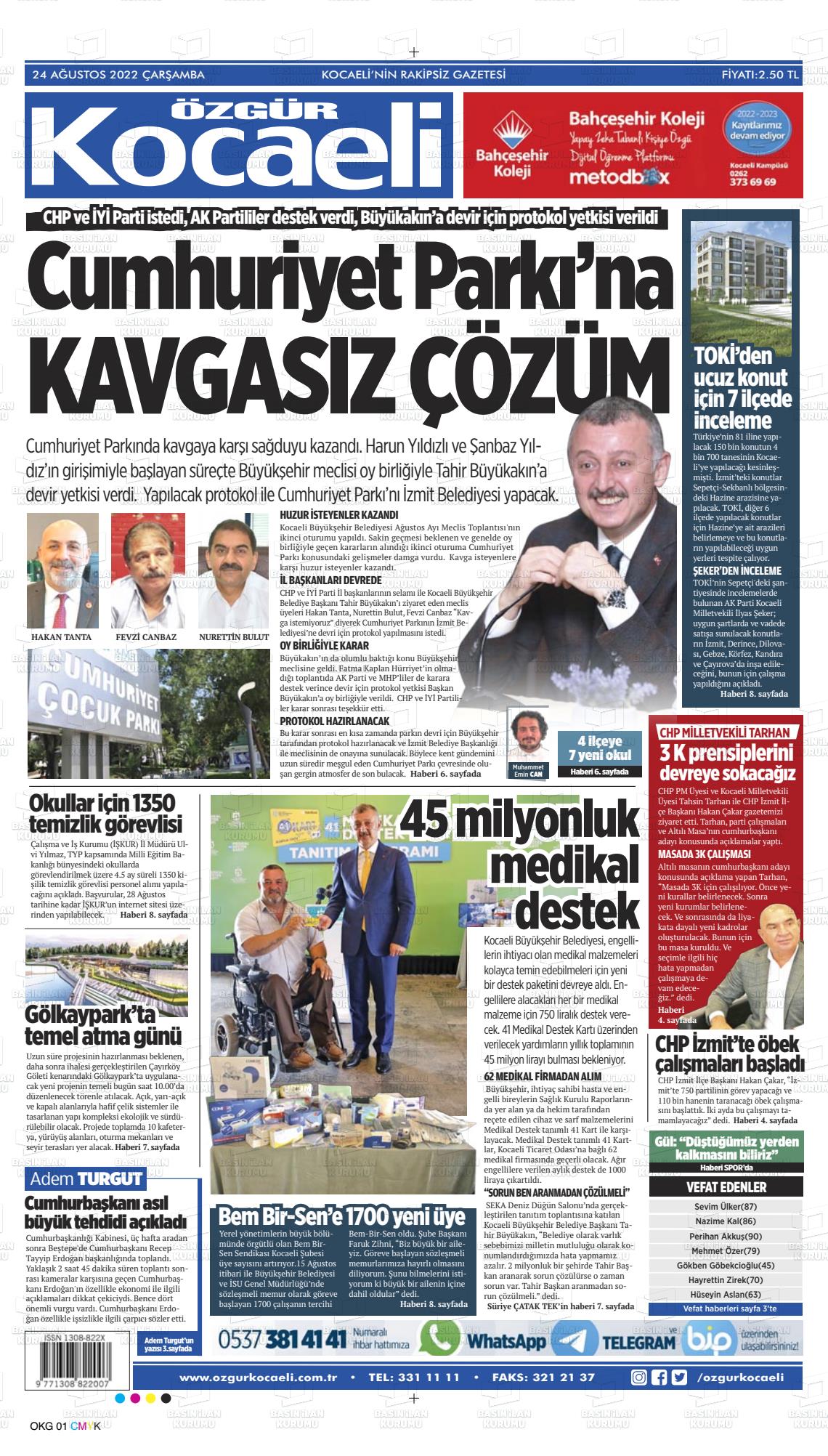 24 Ağustos 2022 Özgür Kocaeli Gazete Manşeti