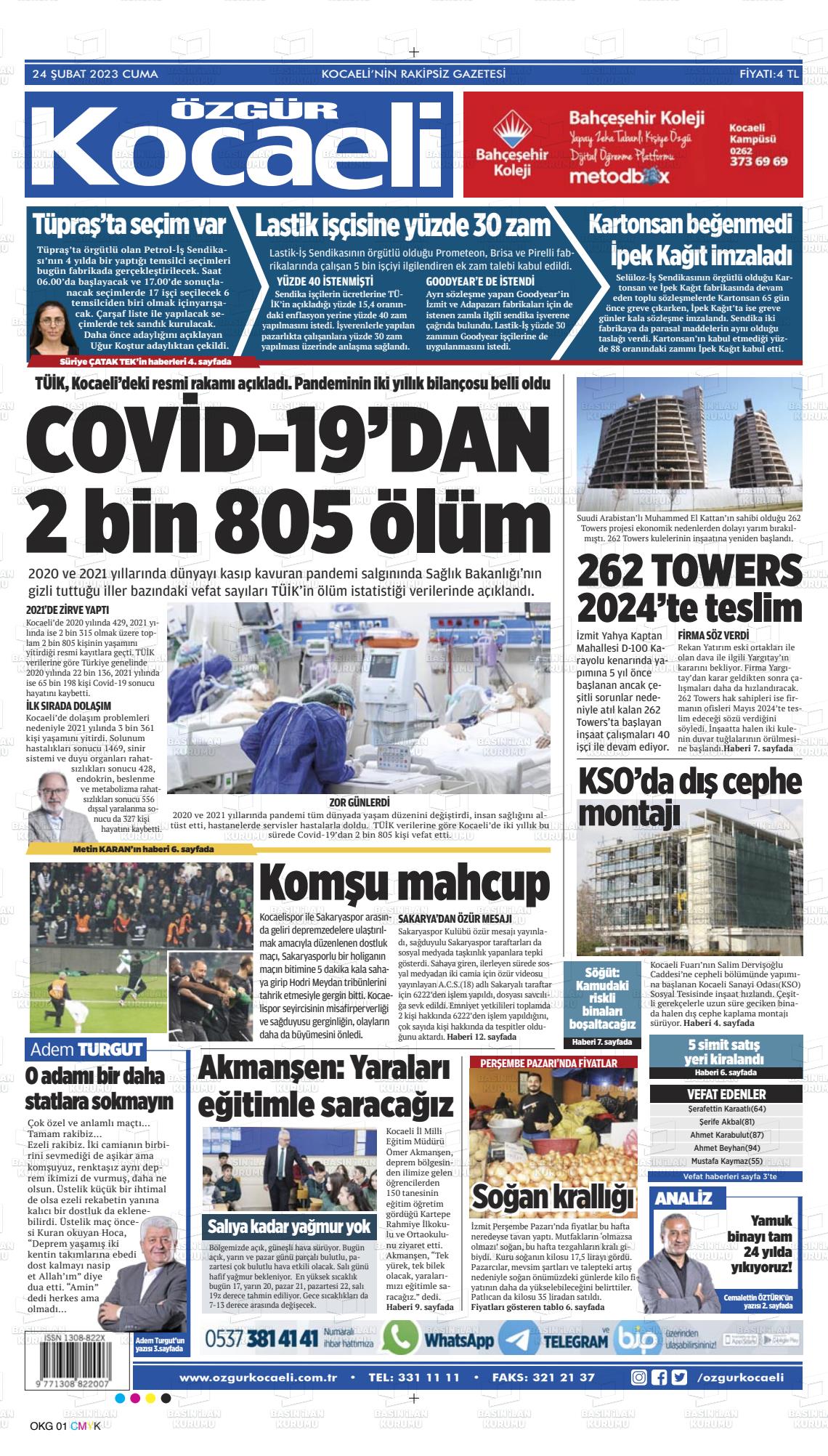 24 Şubat 2023 Özgür Kocaeli Gazete Manşeti