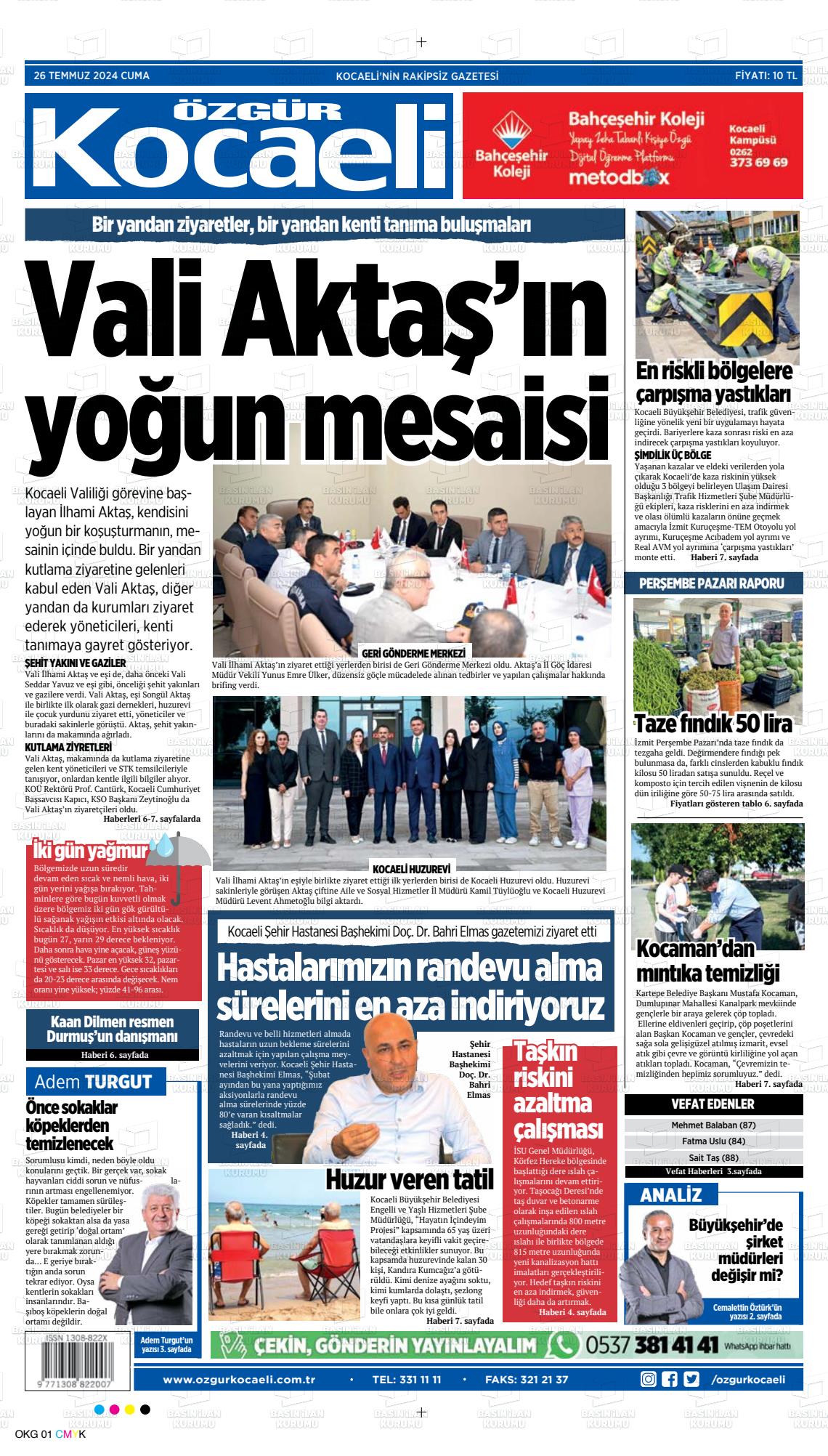 27 Temmuz 2024 Özgür Kocaeli Gazete Manşeti