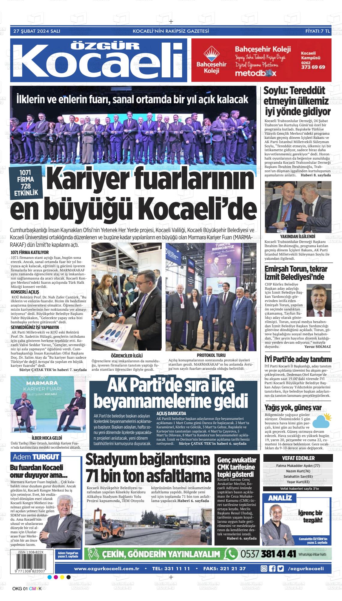 27 Şubat 2024 Özgür Kocaeli Gazete Manşeti