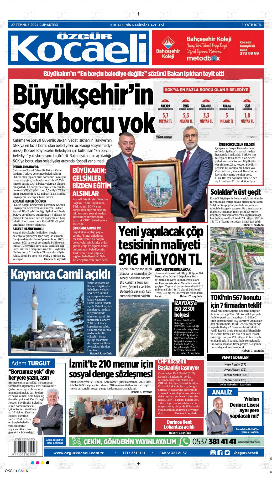 27 Temmuz 2024 Özgür Kocaeli Gazete Manşeti