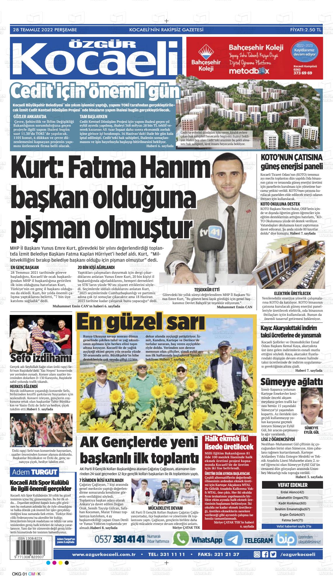 28 Temmuz 2022 Özgür Kocaeli Gazete Manşeti