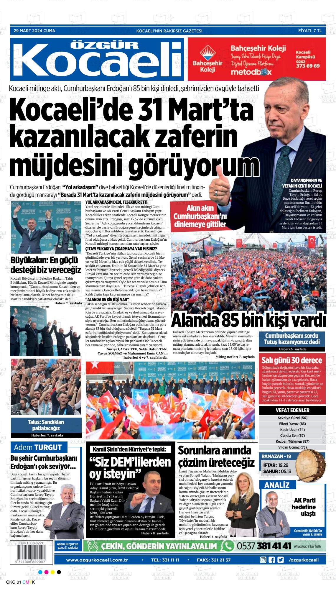 29 Mart 2024 Özgür Kocaeli Gazete Manşeti