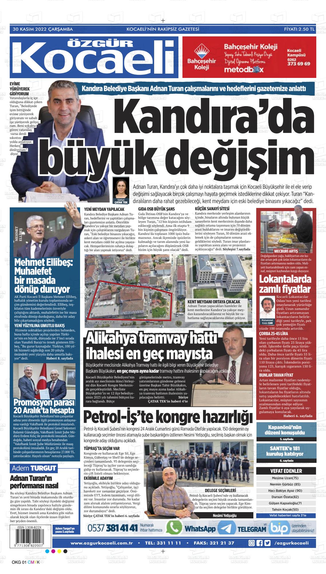 30 Kasım 2022 Özgür Kocaeli Gazete Manşeti