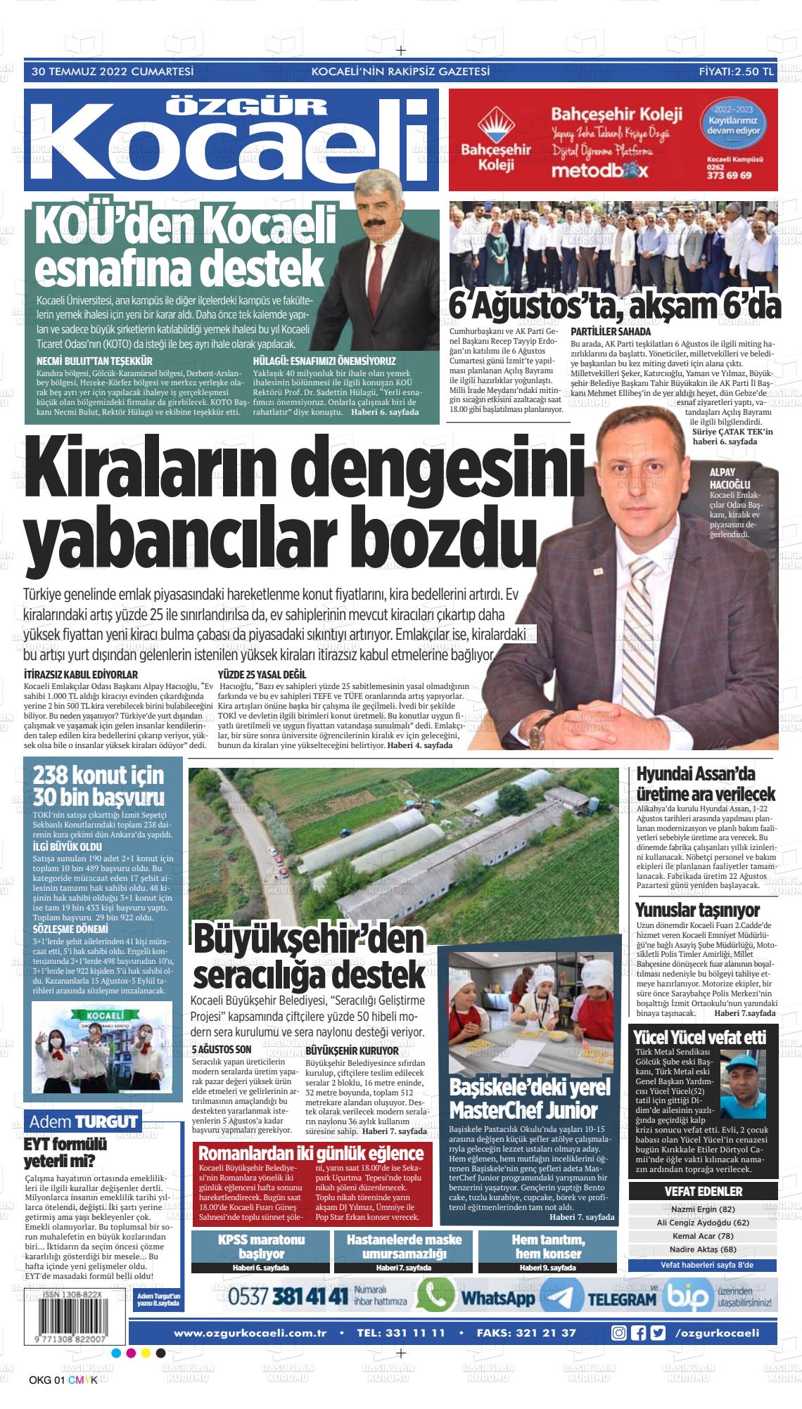 30 Temmuz 2022 Özgür Kocaeli Gazete Manşeti