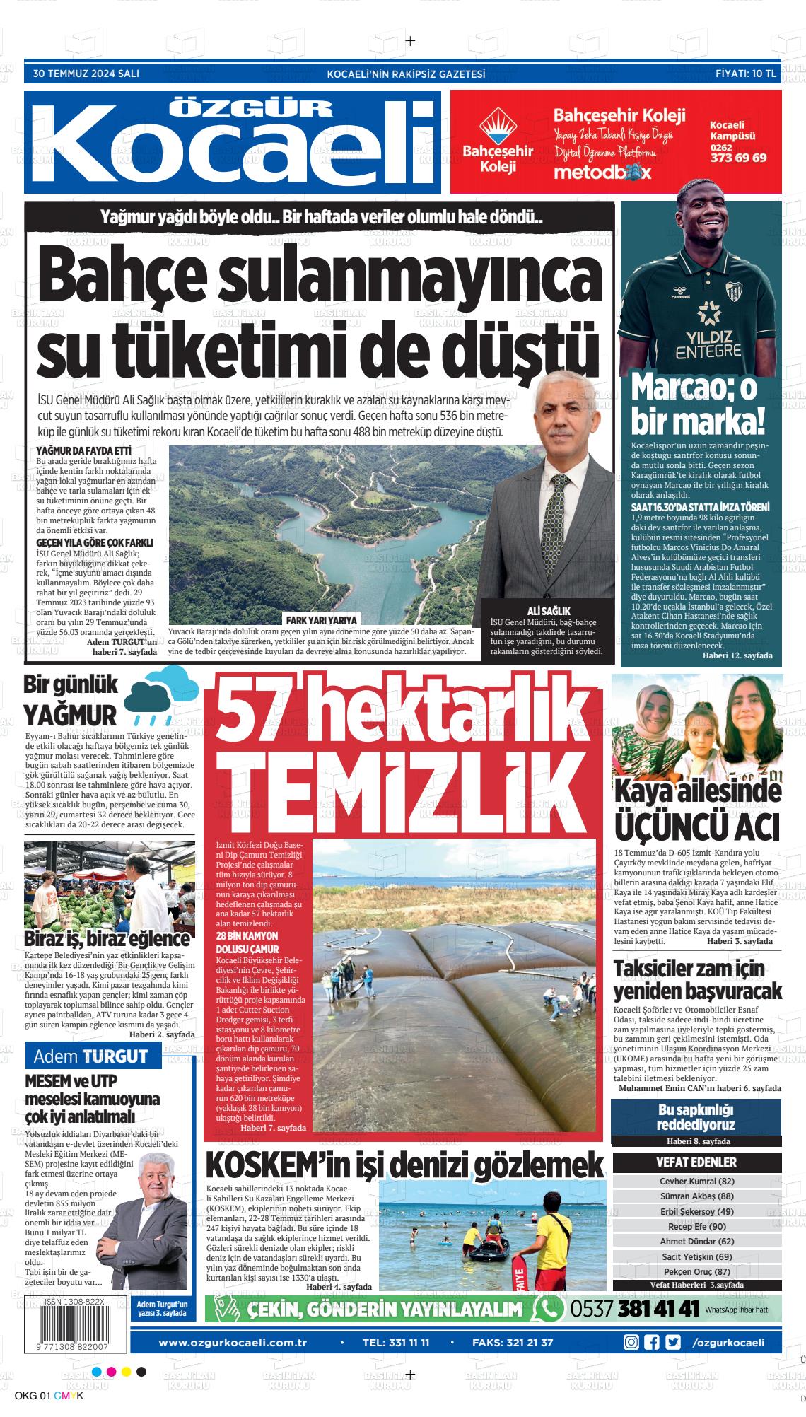 30 Temmuz 2024 Özgür Kocaeli Gazete Manşeti