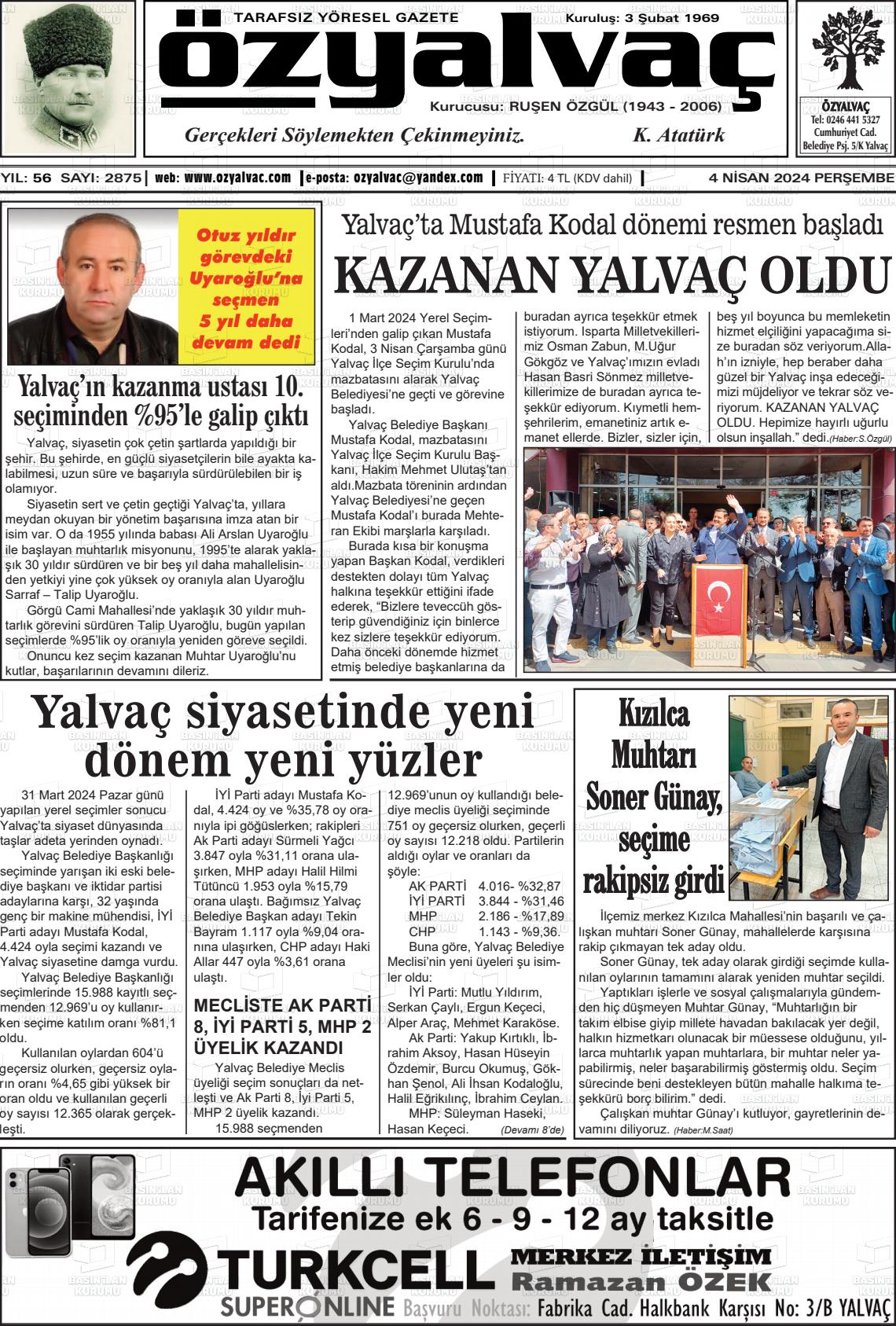 04 Nisan 2024 Öz Yalvaç Gazete Manşeti